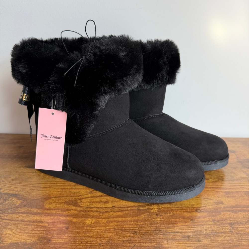 New Juicy Couture US 8.5 Faux Fur Black Fluffy Boots Winter Shoes Women Bow